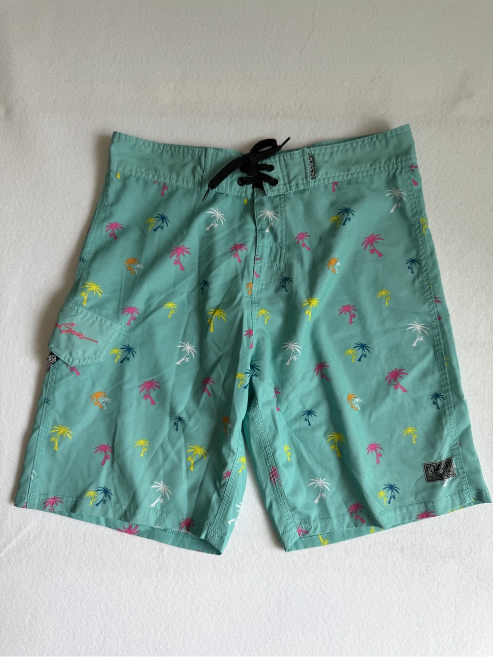 Maui and Sons 9” Swim Trunks Mens 32 Aqua Palm Tree Print Stretch Board Shorts